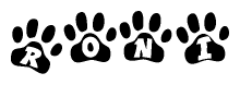 The image shows a series of animal paw prints arranged in a horizontal line. Each paw print contains a letter, and together they spell out the word Roni.
