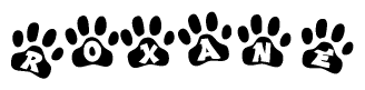 The image shows a series of animal paw prints arranged in a horizontal line. Each paw print contains a letter, and together they spell out the word Roxane.