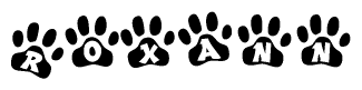 The image shows a row of animal paw prints, each containing a letter. The letters spell out the word Roxann within the paw prints.