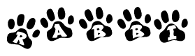 The image shows a series of animal paw prints arranged horizontally. Within each paw print, there's a letter; together they spell Rabbi