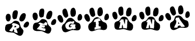 The image shows a row of animal paw prints, each containing a letter. The letters spell out the word Reginna within the paw prints.