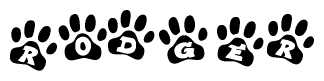 The image shows a series of animal paw prints arranged in a horizontal line. Each paw print contains a letter, and together they spell out the word Rodger.