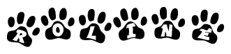 The image shows a row of animal paw prints, each containing a letter. The letters spell out the word Roline within the paw prints.