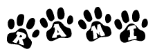 The image shows a row of animal paw prints, each containing a letter. The letters spell out the word Rami within the paw prints.