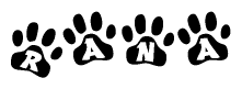 The image shows a series of animal paw prints arranged horizontally. Within each paw print, there's a letter; together they spell Rana