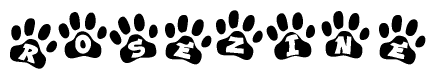 The image shows a series of animal paw prints arranged in a horizontal line. Each paw print contains a letter, and together they spell out the word Rosezine.
