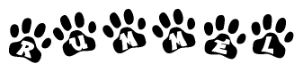 The image shows a row of animal paw prints, each containing a letter. The letters spell out the word Rummel within the paw prints.
