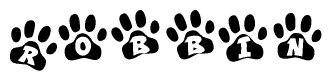 The image shows a series of animal paw prints arranged in a horizontal line. Each paw print contains a letter, and together they spell out the word Robbin.