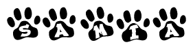 The image shows a row of animal paw prints, each containing a letter. The letters spell out the word Samia within the paw prints.