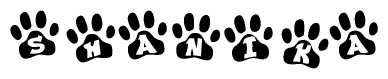 The image shows a series of animal paw prints arranged in a horizontal line. Each paw print contains a letter, and together they spell out the word Shanika.