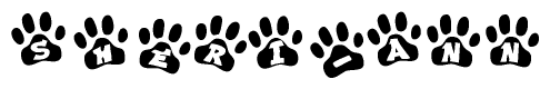 The image shows a series of animal paw prints arranged in a horizontal line. Each paw print contains a letter, and together they spell out the word Sheri-ann.