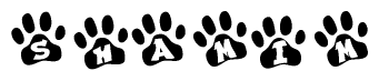 The image shows a series of animal paw prints arranged horizontally. Within each paw print, there's a letter; together they spell Shamim