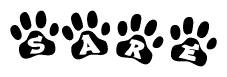 The image shows a series of animal paw prints arranged horizontally. Within each paw print, there's a letter; together they spell Sare