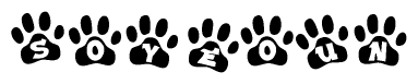 The image shows a row of animal paw prints, each containing a letter. The letters spell out the word Soyeoun within the paw prints.