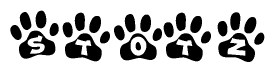 The image shows a series of animal paw prints arranged in a horizontal line. Each paw print contains a letter, and together they spell out the word Stotz.