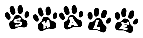 The image shows a series of animal paw prints arranged in a horizontal line. Each paw print contains a letter, and together they spell out the word Shale.