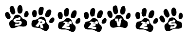The image shows a series of animal paw prints arranged in a horizontal line. Each paw print contains a letter, and together they spell out the word Sreeves.