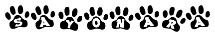 The image shows a row of animal paw prints, each containing a letter. The letters spell out the word Sayonara within the paw prints.