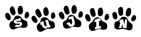 The image shows a series of animal paw prints arranged horizontally. Within each paw print, there's a letter; together they spell Sujin
