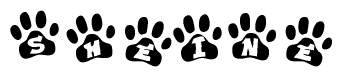The image shows a row of animal paw prints, each containing a letter. The letters spell out the word Sheine within the paw prints.