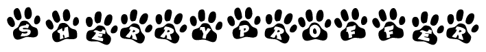 The image shows a series of animal paw prints arranged in a horizontal line. Each paw print contains a letter, and together they spell out the word Sherryproffer.