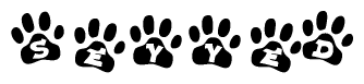 The image shows a row of animal paw prints, each containing a letter. The letters spell out the word Seyyed within the paw prints.