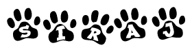 The image shows a series of animal paw prints arranged in a horizontal line. Each paw print contains a letter, and together they spell out the word Siraj.