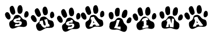 The image shows a series of animal paw prints arranged in a horizontal line. Each paw print contains a letter, and together they spell out the word Susalina.