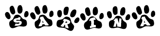 The image shows a row of animal paw prints, each containing a letter. The letters spell out the word Sarina within the paw prints.