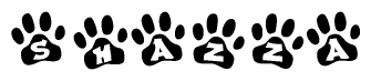 The image shows a series of animal paw prints arranged in a horizontal line. Each paw print contains a letter, and together they spell out the word Shazza.