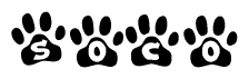 The image shows a row of animal paw prints, each containing a letter. The letters spell out the word Soco within the paw prints.