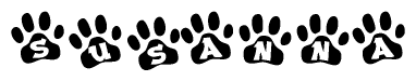 The image shows a series of animal paw prints arranged horizontally. Within each paw print, there's a letter; together they spell Susanna