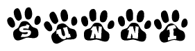 The image shows a row of animal paw prints, each containing a letter. The letters spell out the word Sunni within the paw prints.