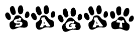 The image shows a series of animal paw prints arranged in a horizontal line. Each paw print contains a letter, and together they spell out the word Sagat.