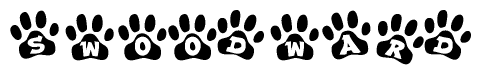 The image shows a row of animal paw prints, each containing a letter. The letters spell out the word Swoodward within the paw prints.