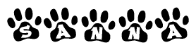 The image shows a series of animal paw prints arranged in a horizontal line. Each paw print contains a letter, and together they spell out the word Sanna.