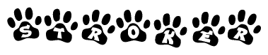 The image shows a row of animal paw prints, each containing a letter. The letters spell out the word Stroker within the paw prints.