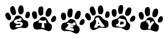 The image shows a row of animal paw prints, each containing a letter. The letters spell out the word Steady within the paw prints.