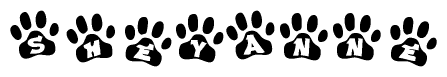 The image shows a series of animal paw prints arranged in a horizontal line. Each paw print contains a letter, and together they spell out the word Sheyanne.