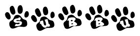 The image shows a series of animal paw prints arranged in a horizontal line. Each paw print contains a letter, and together they spell out the word Subbu.