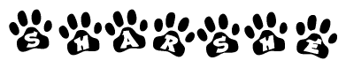 The image shows a series of animal paw prints arranged horizontally. Within each paw print, there's a letter; together they spell Sharshe