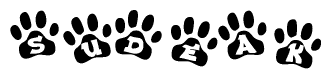 The image shows a row of animal paw prints, each containing a letter. The letters spell out the word Sudeak within the paw prints.