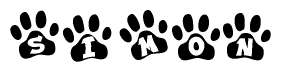 The image shows a series of animal paw prints arranged horizontally. Within each paw print, there's a letter; together they spell Simon