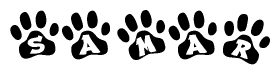 The image shows a series of animal paw prints arranged horizontally. Within each paw print, there's a letter; together they spell Samar