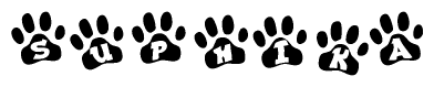 The image shows a series of animal paw prints arranged horizontally. Within each paw print, there's a letter; together they spell Suphika
