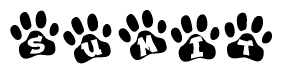 The image shows a series of animal paw prints arranged in a horizontal line. Each paw print contains a letter, and together they spell out the word Sumit.