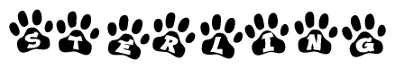 The image shows a series of animal paw prints arranged in a horizontal line. Each paw print contains a letter, and together they spell out the word Sterling.