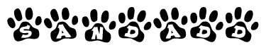 The image shows a row of animal paw prints, each containing a letter. The letters spell out the word Sandadd within the paw prints.