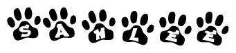 The image shows a series of animal paw prints arranged horizontally. Within each paw print, there's a letter; together they spell Sahlee