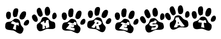 The image shows a row of animal paw prints, each containing a letter. The letters spell out the word Theresat within the paw prints.